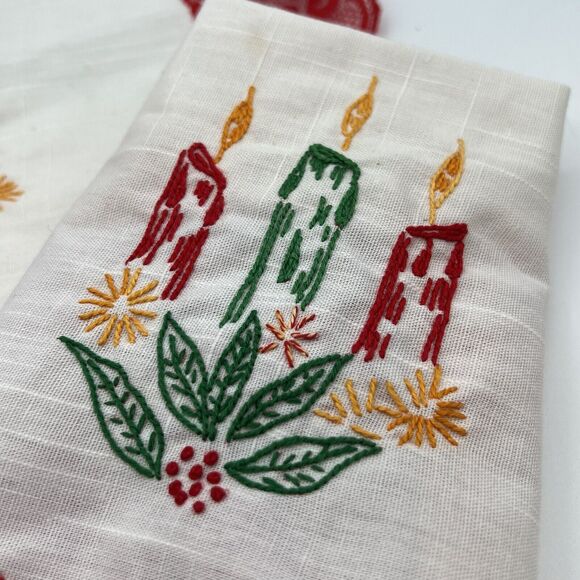 Set 2 Vtg Embroidered Christmas Doily Candle Lace Red White Kitsch Handmade 13" - Picture 2 of 5